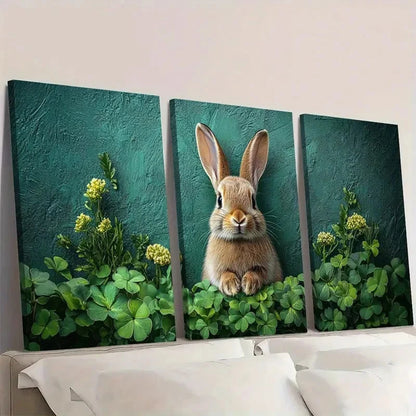3pcs Bunny & Shamrock Green Clover and Rabbit Wall Art Set Canvas Framed 60x90cm - High Quality Print 100% Australian Made Wall Canvas Ready to Hang