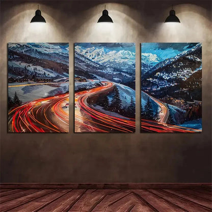 3pcs Mountain Road Night Lights Metal Print Ready to Hang Art