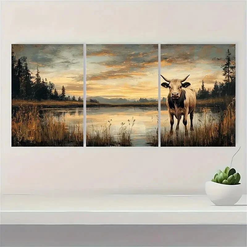 3pcs Vintage Cow Meadow Landscape Metal Print Ready to Hang Art