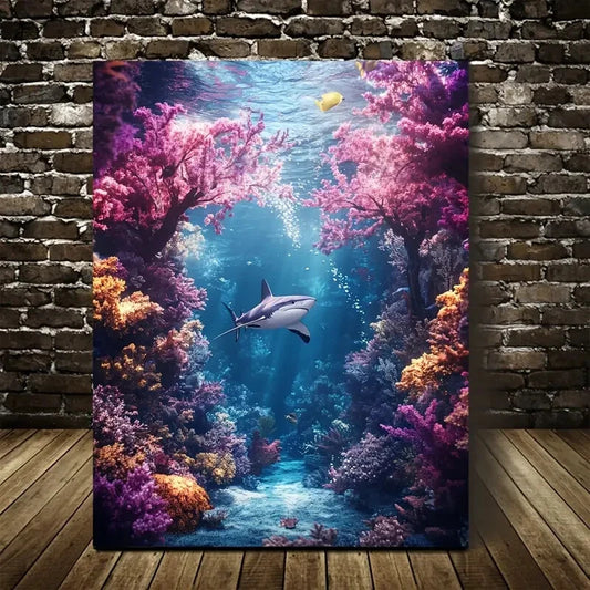 Beautiful Vibrant Underwater Shark & Coral Painting 40x60cm Metal Print Ready to Hang