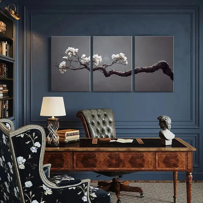 3pcs Elegant White Flowers Twisted Wood Texture Metal Print Ready to Hang Art