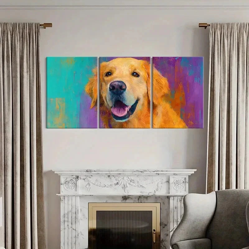 3pcs Artistic Golden Retriever Portrait Vibrant Metal Print Ready to Hang Art