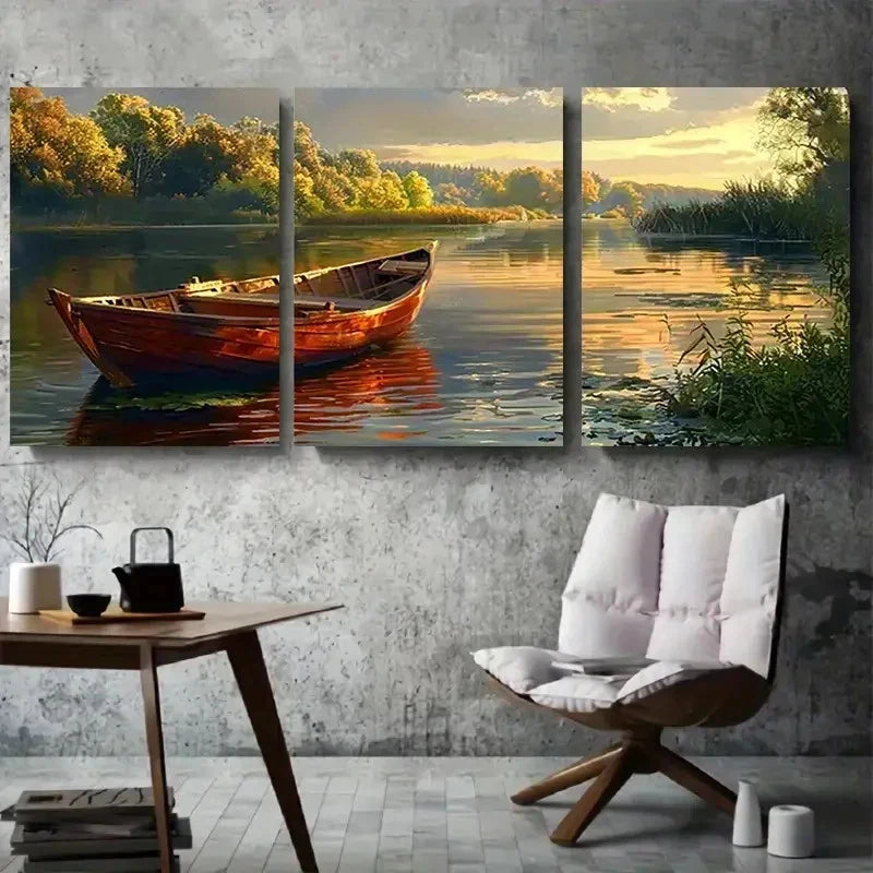 3pcs Autumn Boat on Calm River Metal Print Ready to Hang Art