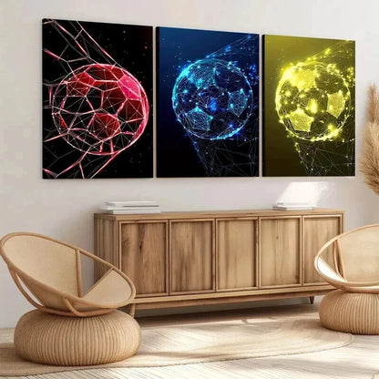 3pcs Soccer Ball Geometric Colourful Red Blue Wall Art Set Canvas Framed 40x60cm - High Quality Print 100% Australian Made Wall Canvas Ready to Hang