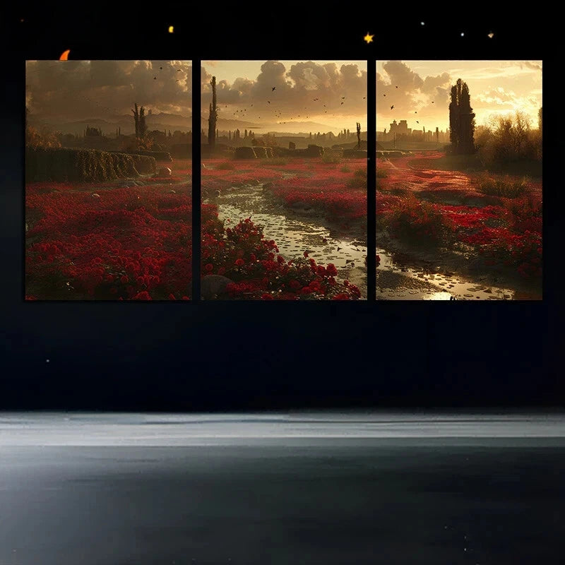 3pcs Rose River White Clouds Green Metal Print Ready to Hang Art