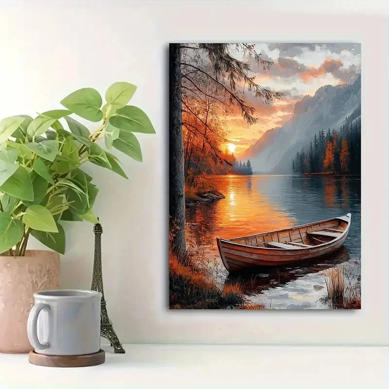 Beautiful Sunrise Lake Scenery Serene Painting 40x60cm Metal Print Ready to Hang