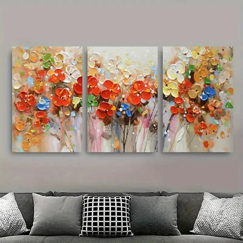 3pcs Vibrant Orange Blossom & Multicolor Metal Print Ready to Hang Art