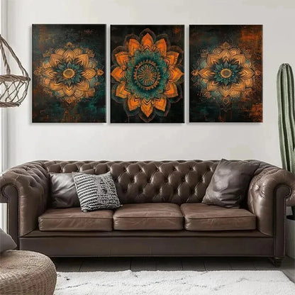 3pcs Mandala Flower Floral Mandala Teal Perfect Wall Art Set Canvas Framed 50x70cm - High Quality Print 100% Australian Made Wall Canvas Ready to Hang