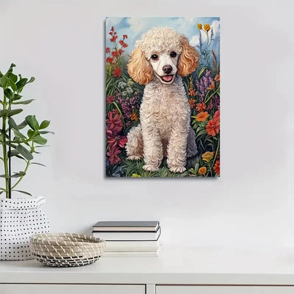 Cute Poodle Dog & Floral Botanical Painting 40x60cm Metal Print Ready to Hang