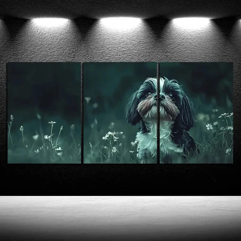 3pcs Dog on the Grass Dark Green Metal Print Ready to Hang Art