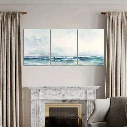 3pcs Tranquil Ocean Waves with Misty Sky Wall Art Set Canvas Framed 40x60cm - High Quality Print 100% Australian Made Wall Canvas Ready to Hang