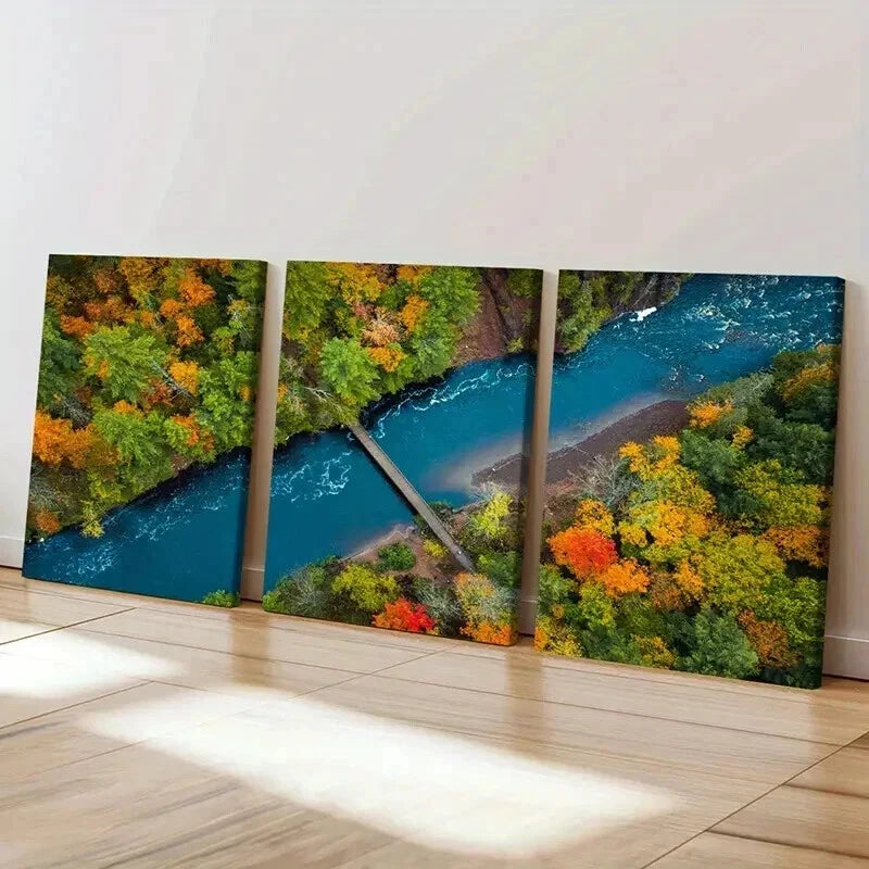 3pcs Modern Autumn Bridge Lake & Forest Wall Art Set Canvas Framed 40x60cm - High Quality Print 100% Australian Made Wall Canvas Ready to Hang