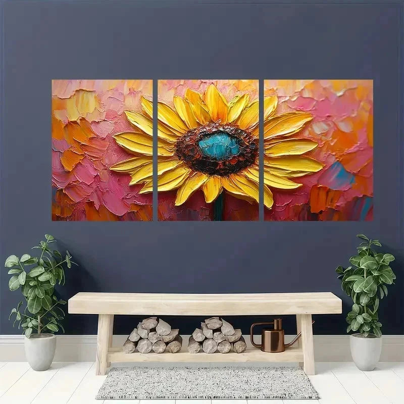 3pcs Sunflower Yellow Floral Abstract Perfect Wall Art Set Canvas Framed 50x70cm - High Quality Print 100% Australian Made Wall Canvas Ready to Hang