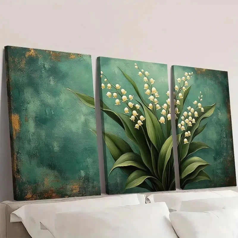 3pcs Green Rustic Vintage Lily of the Valley Wall Art Set Canvas Framed 40x60cm - High Quality Print 100% Australian Made Wall Canvas Ready to Hang