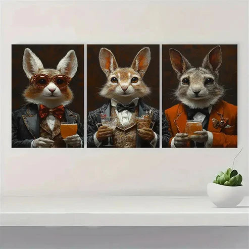 3 PCS Dapper Rabbit Whimsical Animal Set Wall Art Set Canvas Unframed - High Quality Print 100% Australian Made Wall Canvas