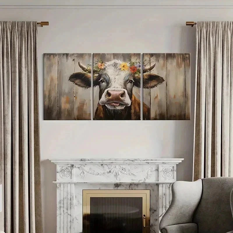 3pcs Farmhouse Cow Farm Animals Rustic Wall Art Set Canvas Framed 40x60cm - High Quality Print 100% Australian Made Wall Canvas Ready to Hang