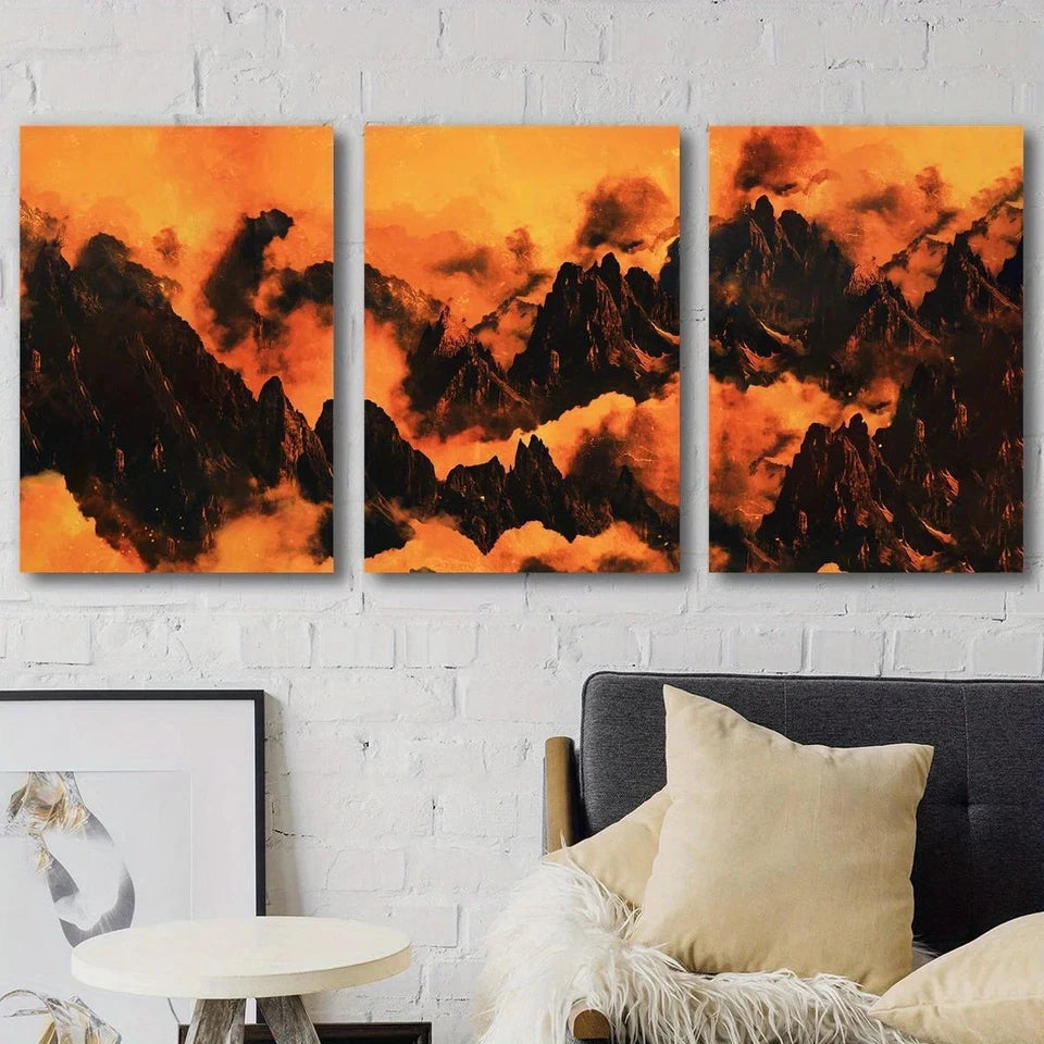 3pcs Mountainside Sky Filled with Ash And Smoke Metal Print Ready to Hang Art