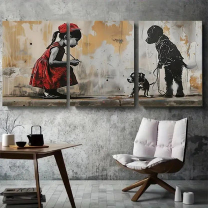 3pcs Street Art Girl with Dog Urban Graffiti Style Metal Print Ready to Hang Art