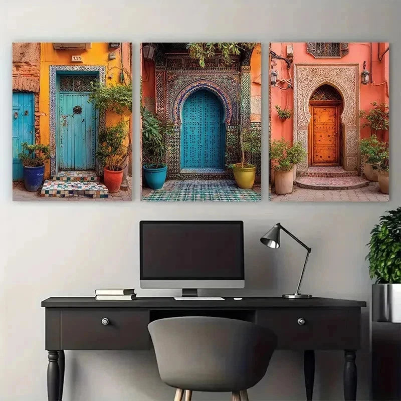 3pcs Marrakech Souks Decor Moroccan Perfect Wall Art Set Canvas Framed 50x70cm - High Quality Print 100% Australian Made Wall Canvas Ready to Hang