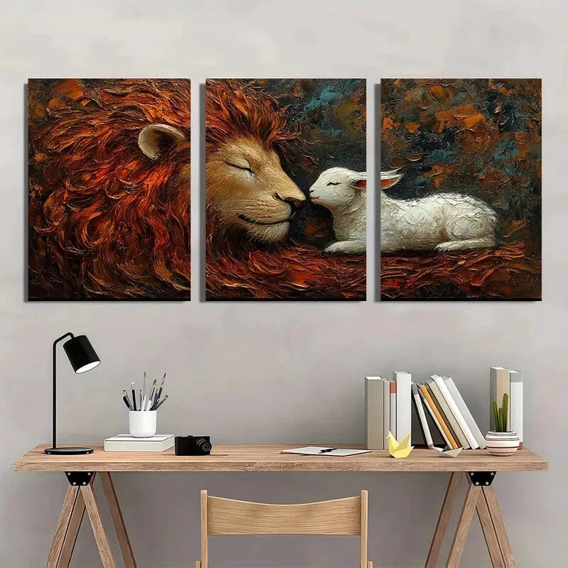 3pcs Lion Lamb & Dove Vintage Abstract Metal Print Ready to Hang Art