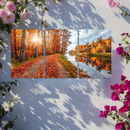 3pcs Vibrant Fall Trees and Reflection Scenery Metal Print Ready to Hang Art