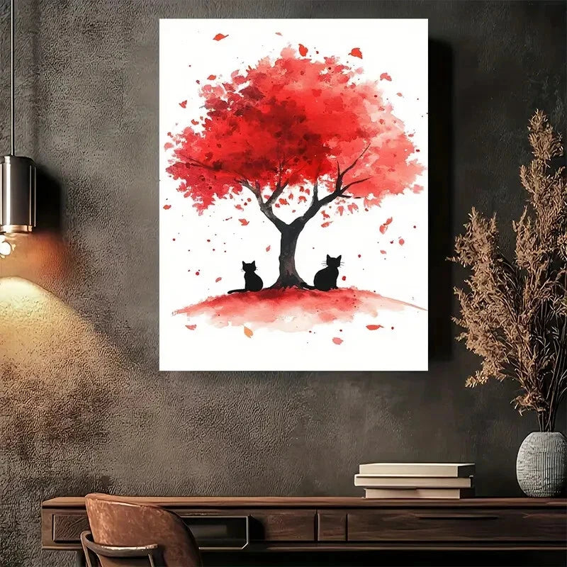 Beautiful Autumn Cats Under Red Tree Painting 40x60cm Metal Print Ready to Hang