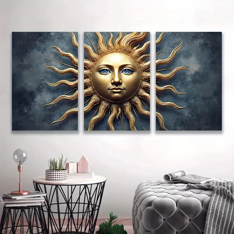 3pcs Golden Sun with Human Face, Blue & Golden Wall Art Set Canvas Framed 50x70cm - High Quality Print 100% Australian Made Wall Canvas Ready to Hang