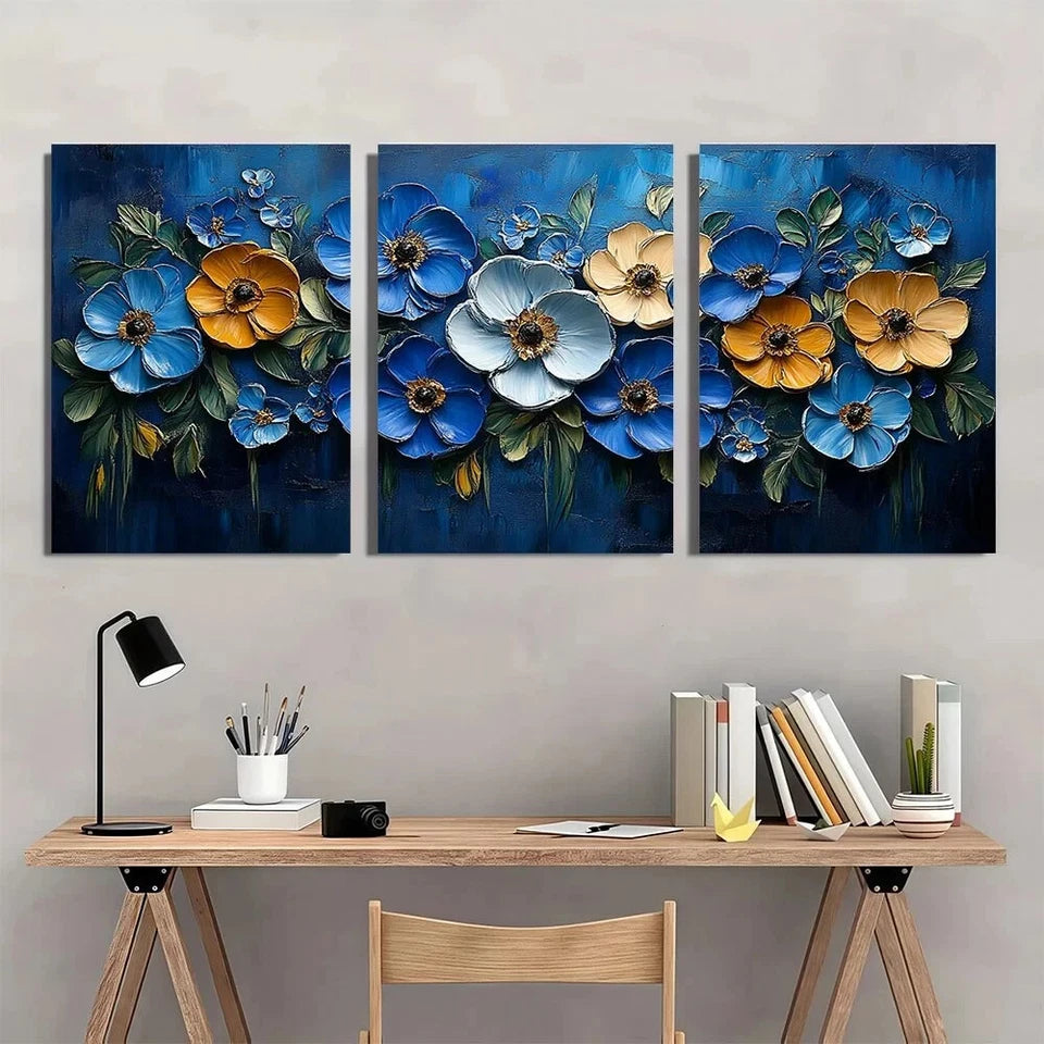 3pcs Blue Themed Florals Colourful Metal Print Ready to Hang Art