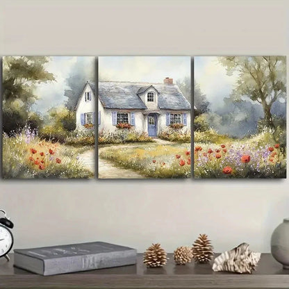 3pcs An Old White Cottage Wall Art Set Canvas Framed 60x90cm - High Quality Print 100% Australian Made Wall Canvas Ready to Hang