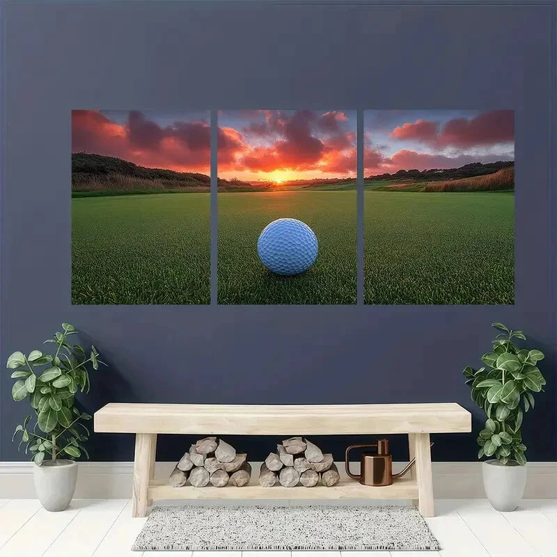 3pcs Sunset Golf Course Painting Metal Print Ready to Hang Art