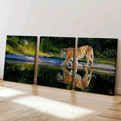 3pcs Tiger Walking By The Lake Wall Art Set Canvas Framed 40x60cm - High Quality Print 100% Australian Made Wall Canvas Ready to Hang