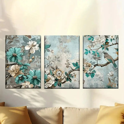 3pcs a floral wallpaper with birds and flowers Wall Art Set Canvas Framed 40x60cm - High Quality Print 100% Australian Made Wall Canvas Ready to Hang