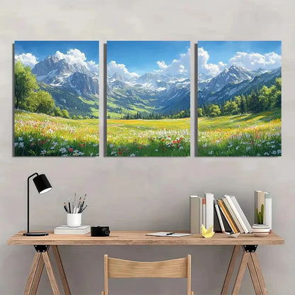 3pcs Alpine Meadows & Mountain Valley Landscape Metal Print Ready to Hang Art