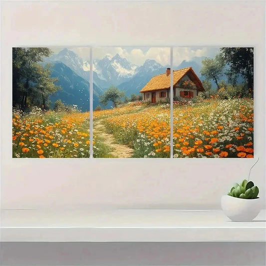 3pcs Vintage Wildflower Meadow cLandscape Perfect Wall Art Set Canvas Framed 40x60cm - High Quality Print 100% Australian Made Wall Canvas Ready to Hang
