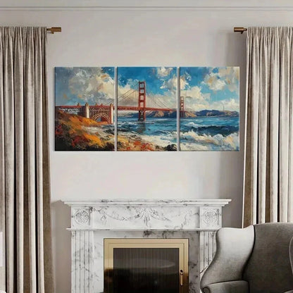 3pcs Golden Gate Bridge Dramatic Sky Ocean Waves Wall Art Set Canvas Framed 40x60cm - High Quality Print 100% Australian Made Wall Canvas Ready to Hang