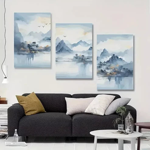 3pcs Modern Blue Abstract Mountain Murals Canvas Unframed - High Quality Print 100% Australian Made Wall Canvas