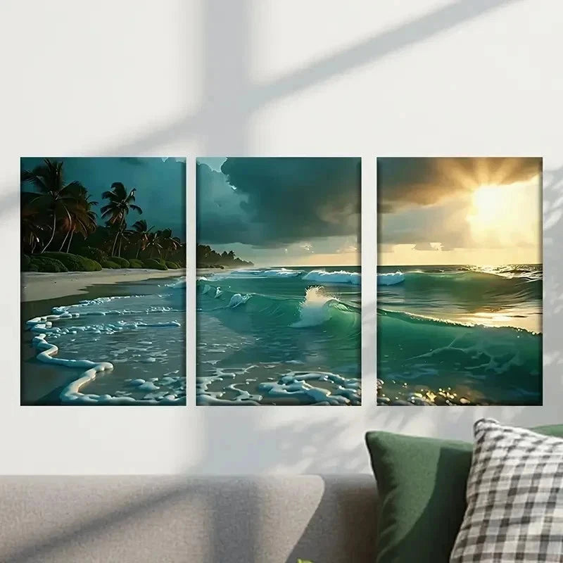 3pcs Vibrant Sunset Palm Trees & Waves Wall Art Set Canvas Framed 40x60cm - High Quality Print 100% Australian Made Wall Canvas Ready to Hang