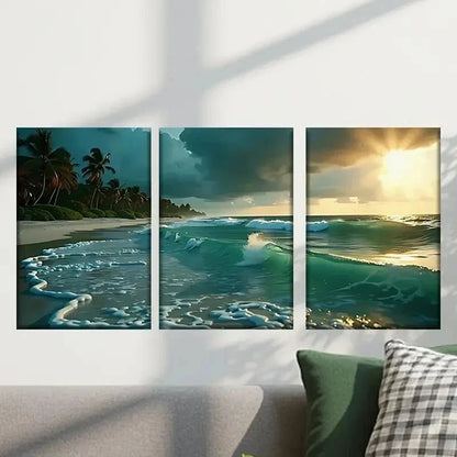 3pcs Vibrant Sunset Palm Trees & Waves Wall Art Set Canvas Framed 40x60cm - High Quality Print 100% Australian Made Wall Canvas Ready to Hang