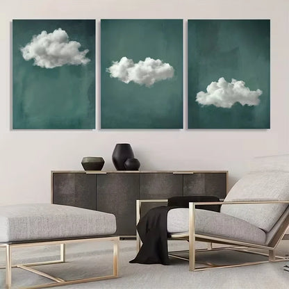 3pcs Depicting Green & Clouds  Wall Art Set Canvas Framed 60x90cm - High Quality Print 100% Australian Made Wall Canvas Ready to Hang