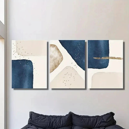 3pcs Blue and Beige Shapes with Golden Accents Metal Print Ready to Hang Art