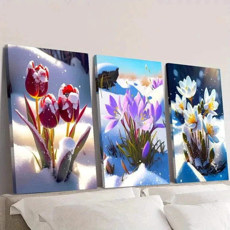 3pcs Red Tulip & Crocus in Snow Surface Wall Art Set Canvas Framed 40x60cm - High Quality Print 100% Australian Made Wall Canvas Ready to Hang