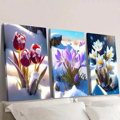 3pcs Red Tulip & Crocus in Snow Surface Wall Art Set Canvas Framed 40x60cm - High Quality Print 100% Australian Made Wall Canvas Ready to Hang
