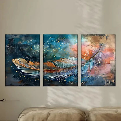 3pcs Painting of a Feather on a Blue Wall Art Set Canvas Unframed - High Quality Print 100% Australian Made Wall Canvas