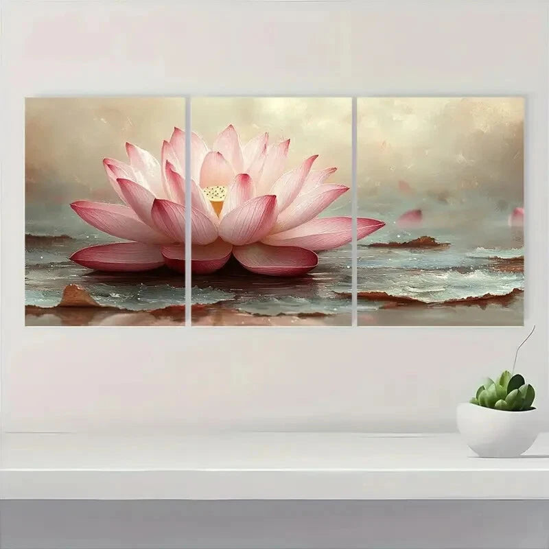 3pcs Elegant Pink for Lotus Flower Minimalist Metal Print Ready to Hang Art