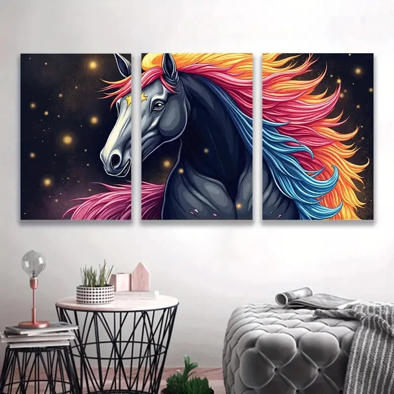3pcs Colorful Dark Horse Prints Night Back Wall Art Set Canvas Framed 60x90cm - High Quality Print 100% Australian Made Wall Canvas Ready to Hang
