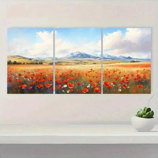3pcs Vibrant Poppy Meadow Mountain View Perfect Wall Art Set Canvas Framed 40x60cm - High Quality Print 100% Australian Made Wall Canvas Ready to Hang