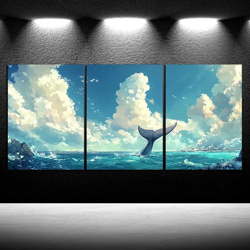 3pcs The Tail Of Whale On The Sea Metal Print Ready to Hang Art
