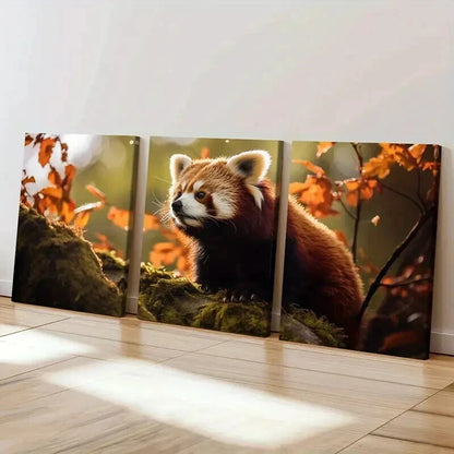 3pcs Cute Red Panda on a Red Leaved Tree Wall Art Set Canvas Framed 40x60cm - High Quality Print 100% Australian Made Wall Canvas Ready to Hang