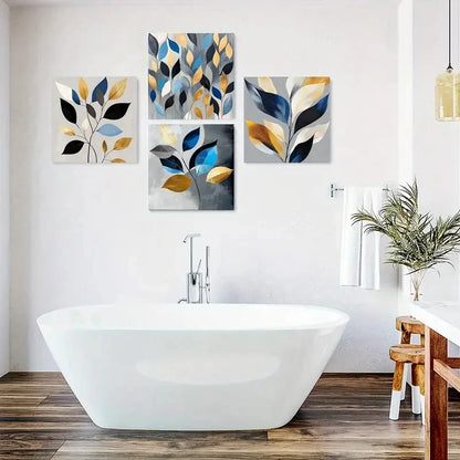 4pcs Leaf Design In Blue, Golden, And Black Wall Art Canvas Framed