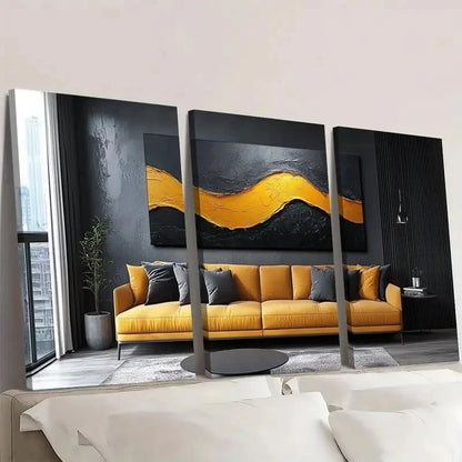 3pcs Chic Black Abstract Yellow Wall Art Set Canvas Framed 40x60cm - High Quality Print 100% Australian Made Wall Canvas Ready to Hang